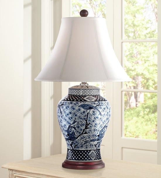 Blue And White Table Lamps Deep Lighting Ivy Accented With A Blue And White Bird Cherry Branch Blossoms Motif Are Bracketed By Scroll Geometric Details At The Top Bottom
