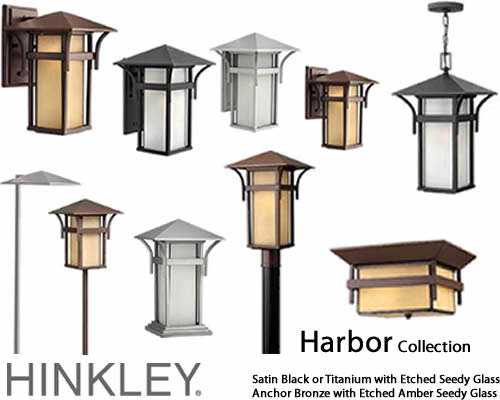 The Mission Style Harbor Collection from Hinkley Lighting has an updated nautical feel, with a style inspired by the clean, strong lines of a welcoming lighthouse. The cast aluminum and brass construction is accented by bold stripes against the seedy glass.