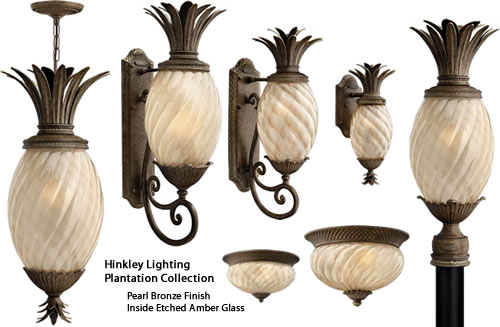 A traditional symbol of hospitality, the pineapple motif is beautifully realized in the Hinkley Plantation Collections. Hinkley Lighting's Plantation Outdoor Lighting Collection includes path lights, wall lanterns, pendants, post and ceiling lights in a choice of Copper Bronze with Clear Optic Glass or Pearl Bronze with Inside Etched Amber Optic Glass. The coordinating Plantation Indoor Collection is available in Burnished Brass, Copper Bronze, Polished Antique Nickel or Pearl Bronze.