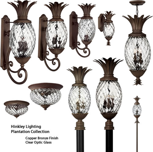 A traditional symbol of hospitality, the pineapple motif is beautifully realized in the Hinkley Plantation Collections. Hinkley Lighting's Plantation Outdoor Lighting Collection includes path lights, wall lanterns, pendants, post and ceiling lights in a choice of Copper Bronze with Clear Optic Glass or Pearl Bronze with Inside Etched Amber Optic Glass. The coordinating Plantation Indoor Collection is available in Burnished Brass, Copper Bronze, Polished Antique Nickel or Pearl Bronze.