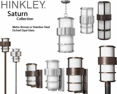 Hinkley's Saturn is a stunning, modern outdoor collection with robust construction and intersecting lines that create a striking contrast against the etched opal glass. Available in Stainless Steel or Solid Brass with Metro Bronze finish. The diffuser is Etched Opal glass.