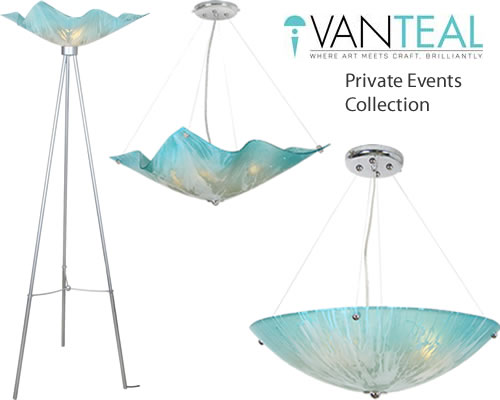 Private Events Collection from Van Teal: Two bowl pendants and a floor lamp in Polished Chrome finish with Blending Teal shades - Made in USA - Deep Discount Lighting