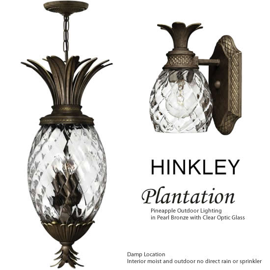 A traditional symbol of hospitality, the pineapple motif is beautifully realized in the Hinkley Plantation Collections. Hinkley Lighting's Plantation Outdoor Lighting Collection includes path lights, wall lanterns, pendants, post and ceiling lights in a choice of Copper Bronze with Clear Optic Glass or Pearl Bronze with Inside Etched Amber Optic Glass. The coordinating Plantation Indoor Collection is available in Burnished Brass, Copper Bronze, Polished Antique Nickel or Pearl Bronze.